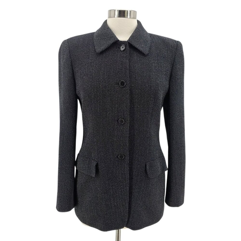 Adolfo Dominguez Womens 8 / 40 Jacket Wool Herringbone Black White Button Preppy